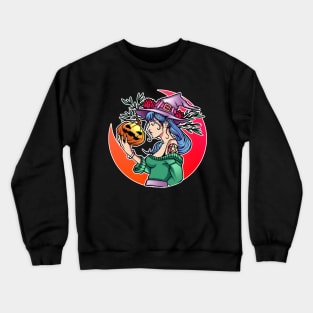 Halloween Cute Witch With Pumpkin and the Moon Crewneck Sweatshirt